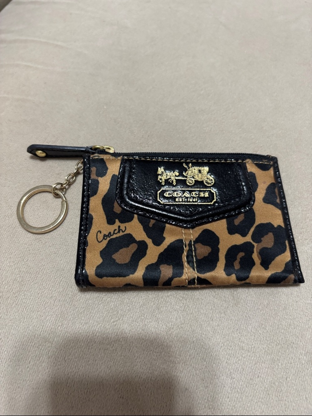 Coach Leopard Print Key Card Holder in Brown and Black with Gold Hardware